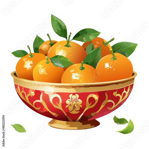 Lunar New Year Orange Bowl Vector Illustration — Festive Red and Gold Fruit Offering Art
