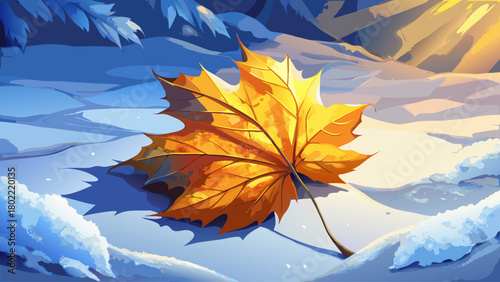 A single golden maple leaf resting gently on fresh snow, illuminated by soft morning sunlight, creating a warm contrast between autumn color and winter chill