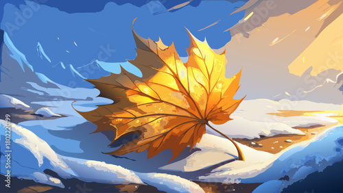 A single golden maple leaf resting gently on fresh snow, illuminated by soft morning sunlight, creating a warm contrast between autumn color and winter chill