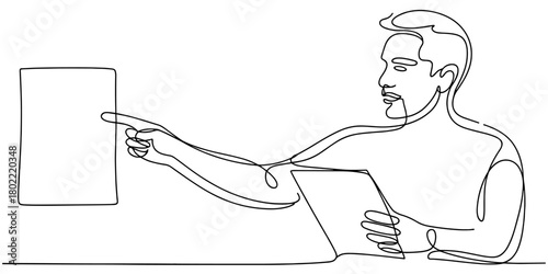 A man pointing at a blank surface while holding a tablet, symbolizing teaching, presentation, guidance, and instruction.