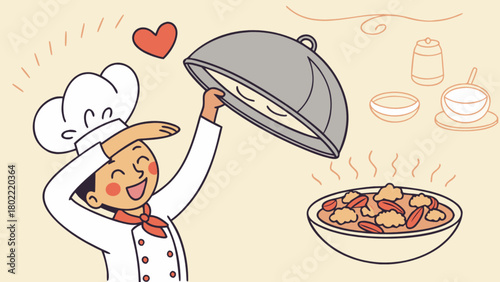 Happy chef presenting a dish with a silver cloche and decorative kitchenware in the background design