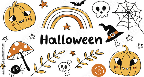 Happy halloween Boho abstract set. creative contemporary aesthetic doodle elements. Bohemian mystical magic collection clip art hand drawing style.  Vector illustration