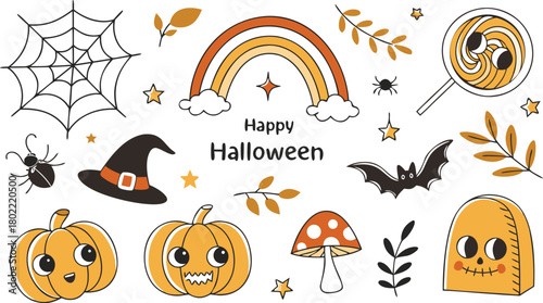 Happy halloween Boho abstract set. creative contemporary aesthetic doodle elements. Bohemian mystical magic collection clip art hand drawing style.  Vector illustration