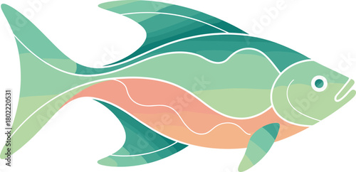 Abstract Stylized Fish Vector Illustration with Layered Colors and Organic Waves, Modern Aquatic Graphic Design for Nature, Tranquility, and Creative Nautical Themes.