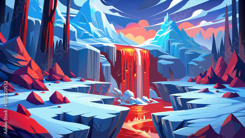 A surreal winter landscape featuring a vivid red waterfall flowing down icy cliffs, surrounded by sculpted frost formations and glowing winter light in a remote, frozen wilderness