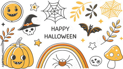Happy halloween Boho abstract set. creative contemporary aesthetic doodle elements. Bohemian mystical magic collection clip art hand drawing style.  Vector illustration