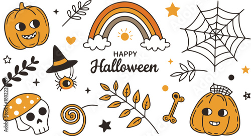 Happy halloween Boho abstract set. creative contemporary aesthetic doodle elements. Bohemian mystical magic collection clip art hand drawing style.  Vector illustration