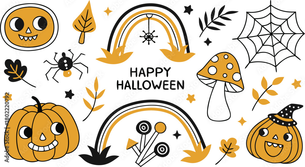 Fototapeta premium Happy halloween Boho abstract set. creative contemporary aesthetic doodle elements. Bohemian mystical magic collection clip art hand drawing style. Vector illustration