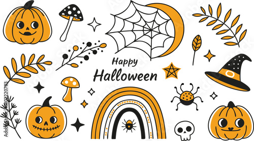 Happy halloween Boho abstract set. creative contemporary aesthetic doodle elements. Bohemian mystical magic collection clip art hand drawing style.  Vector illustration