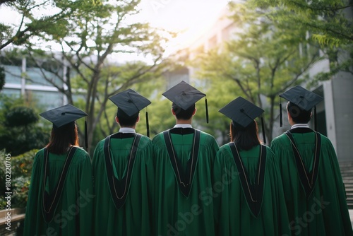 Five Asian students wearing green gowns and black caps stand in front of the university, with their backs to the camera.