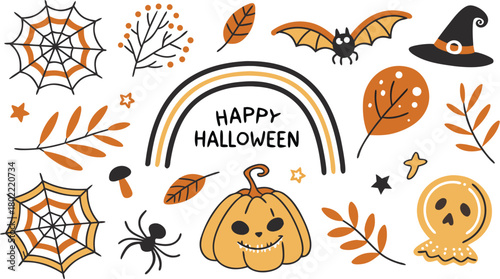 Happy halloween Boho abstract set. creative contemporary aesthetic doodle elements. Bohemian mystical magic collection clip art hand drawing style.  Vector illustration