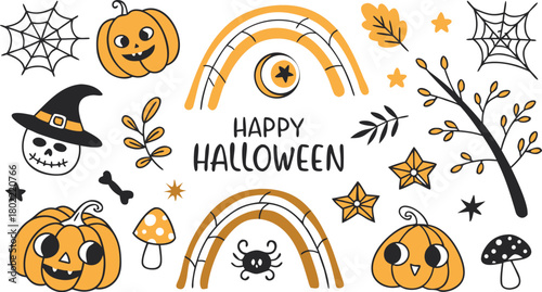 Happy halloween Boho abstract set. creative contemporary aesthetic doodle elements. Bohemian mystical magic collection clip art hand drawing style.  Vector illustration