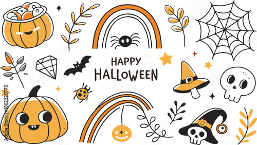 Happy halloween Boho abstract set. creative contemporary aesthetic doodle elements. Bohemian mystical magic collection clip art hand drawing style.  Vector illustration
