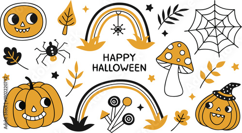 Happy halloween Boho abstract set. creative contemporary aesthetic doodle elements. Bohemian mystical magic collection clip art hand drawing style.  Vector illustration