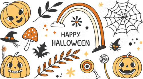 Happy halloween Boho abstract set. creative contemporary aesthetic doodle elements. Bohemian mystical magic collection clip art hand drawing style.  Vector illustration