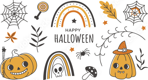 Happy halloween Boho abstract set. creative contemporary aesthetic doodle elements. Bohemian mystical magic collection clip art hand drawing style.  Vector illustration