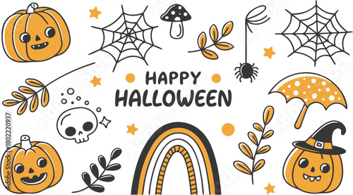 Happy halloween Boho abstract set. creative contemporary aesthetic doodle elements. Bohemian mystical magic collection clip art hand drawing style.  Vector illustration