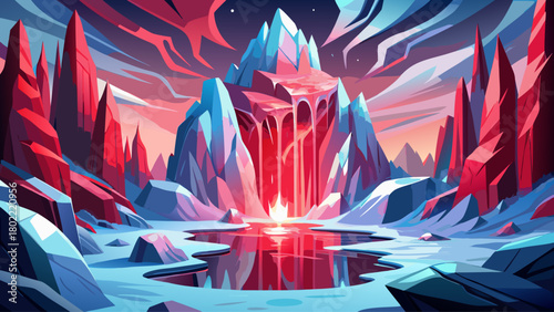 A dramatic frozen-world scene where a brilliant red waterfall cuts through icy rock, framed by crystalized snow and soft pink reflections, creating a rare and mesmerizing winter wonder