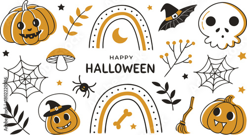 Happy halloween Boho abstract set. creative contemporary aesthetic doodle elements. Bohemian mystical magic collection clip art hand drawing style.  Vector illustration