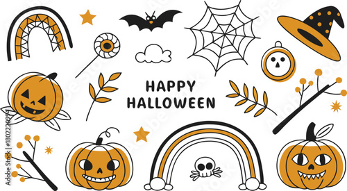 Happy halloween Boho abstract set. creative contemporary aesthetic doodle elements. Bohemian mystical magic collection clip art hand drawing style.  Vector illustration