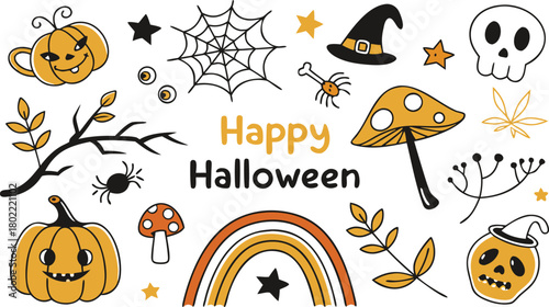 Happy halloween Boho abstract set. creative contemporary aesthetic doodle elements. Bohemian mystical magic collection clip art hand drawing style.  Vector illustration