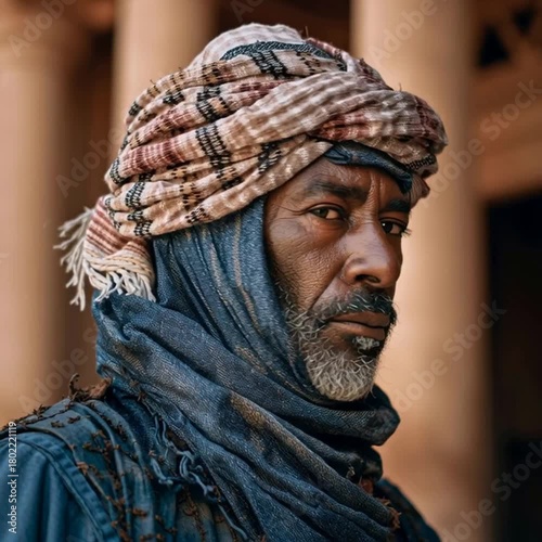 HD video, National Geographic quality, Beduin man standing in front of the courthouse in Petra