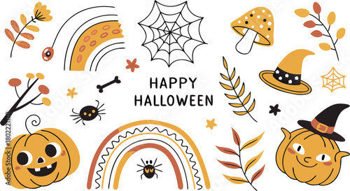 Happy halloween Boho abstract set. creative contemporary aesthetic doodle elements. Bohemian mystical magic collection clip art hand drawing style.  Vector illustration