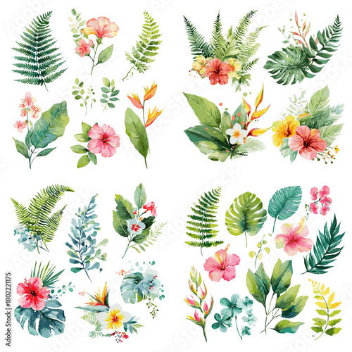 Vibrant tropical flowers and botanical leaves painted in watercolor. Bright hibiscus, plumeria, and lush foliage elements perfect for invitations, prints, and creative design.