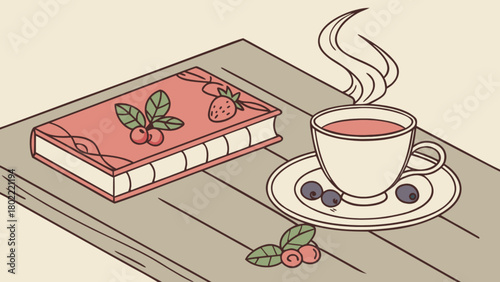 Still life of a book with strawberry and berries, a cup of tea and blueberries on a wooden table