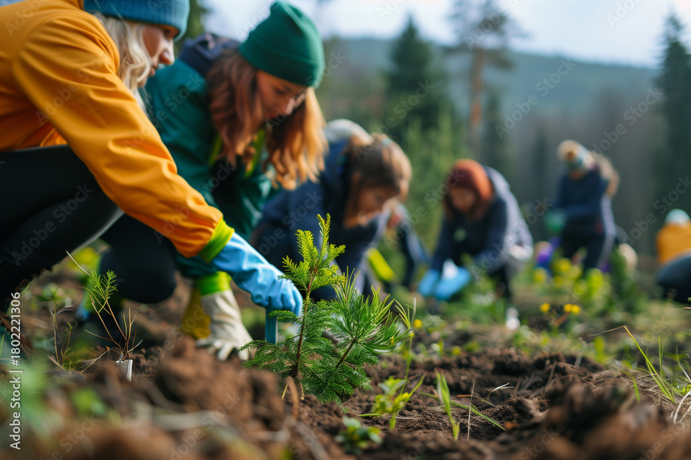 Naklejka premium Group of diverse volunteers planting young trees in a forested area, for use in eco-campaigns, sustainability blogs, educational resources, social media campaigns on ecology, fundraising presentations