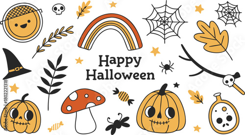 Happy halloween Boho abstract set. creative contemporary aesthetic doodle elements. Bohemian mystical magic collection clip art hand drawing style.  Vector illustration