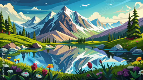 A majestic natural scene with pristine snowy summits mirrored in still water, surrounded by lively wildflowers and rich green valley textures, capturing pure alpine beauty