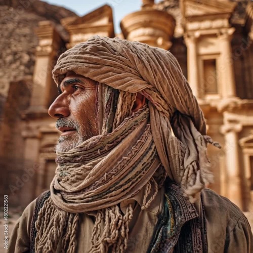 HD video, National Geographic quality, Beduin man standing in front of the courthouse in Petra