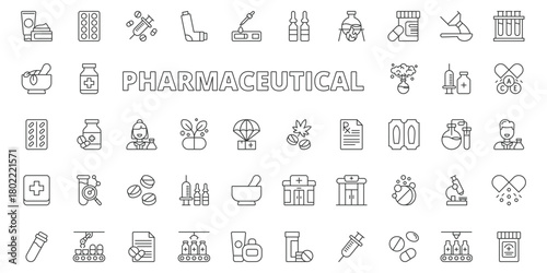 Pharmaceutical icons in line design. pharmaceutical, medicine, drugs, pharmacy, pill, capsule, laboratory on white background vector. Pharmaceutical editable stroke icons