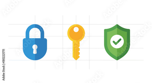 Secure access symbols: padlock, key, and shield in flat design