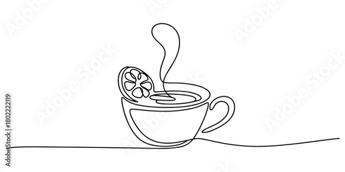 a steaming tea cup with a lemon slice, symbolizing warmth, relaxation, comfort, and refreshing beverages.