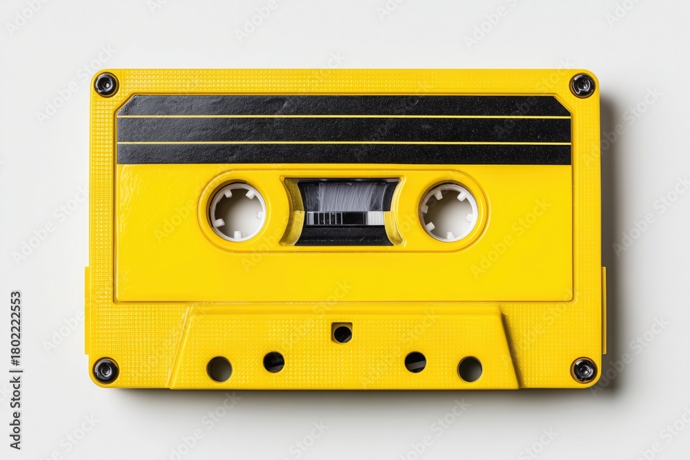 Naklejka premium Cassette tape on a white background, top view. retro music. retro audio cassette with a yellow label and black tape.
