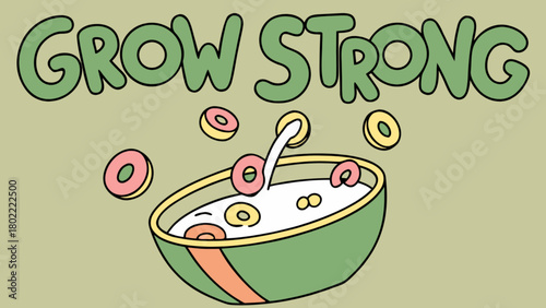 Illustration of a bowl of cereal with milk being poured and the text grow strong above it all