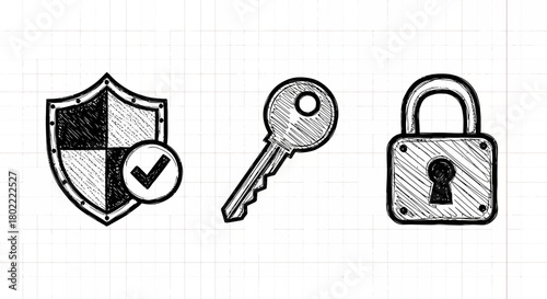 Hand drawn security icons: shield, key, and lock with checkmark on grid background