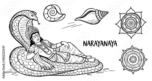 Lord Vishnu Narayana on Shesha Serpent Hindu God Hand Drawn Doodle Set