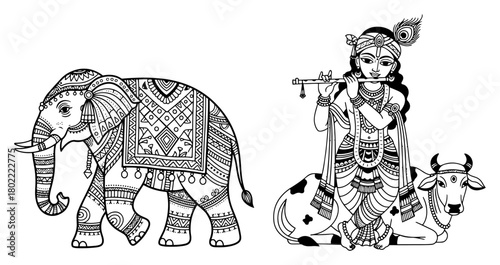 Lord Krishna playing flute with sacred cow and ornate elephant. Hindu religious vector illustration set.