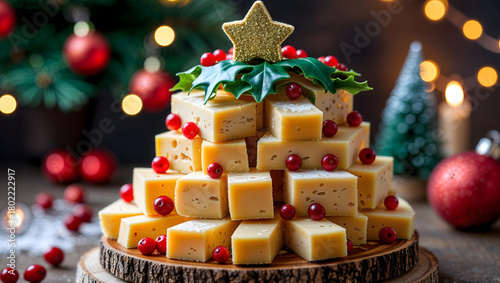 Christmas cheese platter tree pyramid yellow gold star green leaves red berries festive lights warm colors holiday generative AI