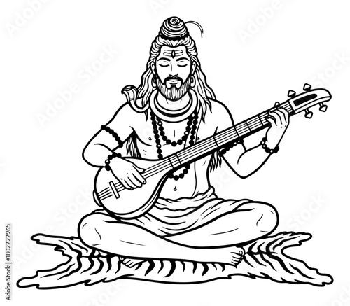 Meditating Lord Shiva Playing Veena on Tiger Skin Hand Drawn Line Art