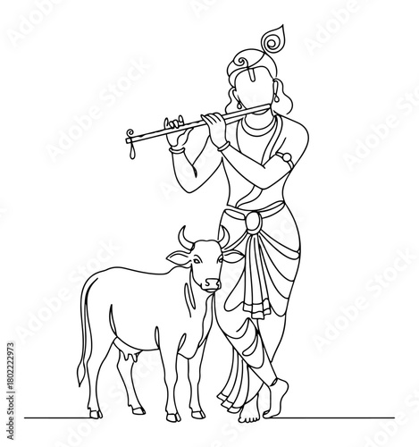 Lord Krishna with Holy Cow Continuous Line Art Hindu God Playing Flute