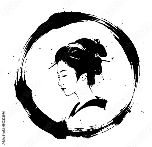 Japanese Geisha in Zen Enso Circle Sumi-e Brush Stroke Vector Illustration