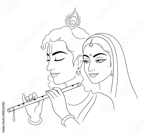 Radha Krishna Divine Love Couple Line Art Hindu God Playing Flute