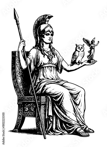 Greek Goddess Athena on Throne with Owl and Nike Vintage Engraving Illustration
