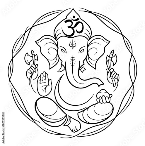 Lord Ganesha in circular frame with Om symbol. Hindu god line art vector illustration for yoga and meditation.