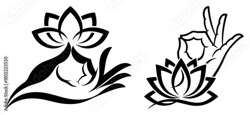 Spiritual Yoga and Meditation Symbol Set with Lotus Ganesha and Mudra Hand