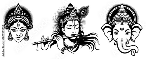 Hindu Gods Vector Icon Set with Durga Krishna and Ganesha Faces
